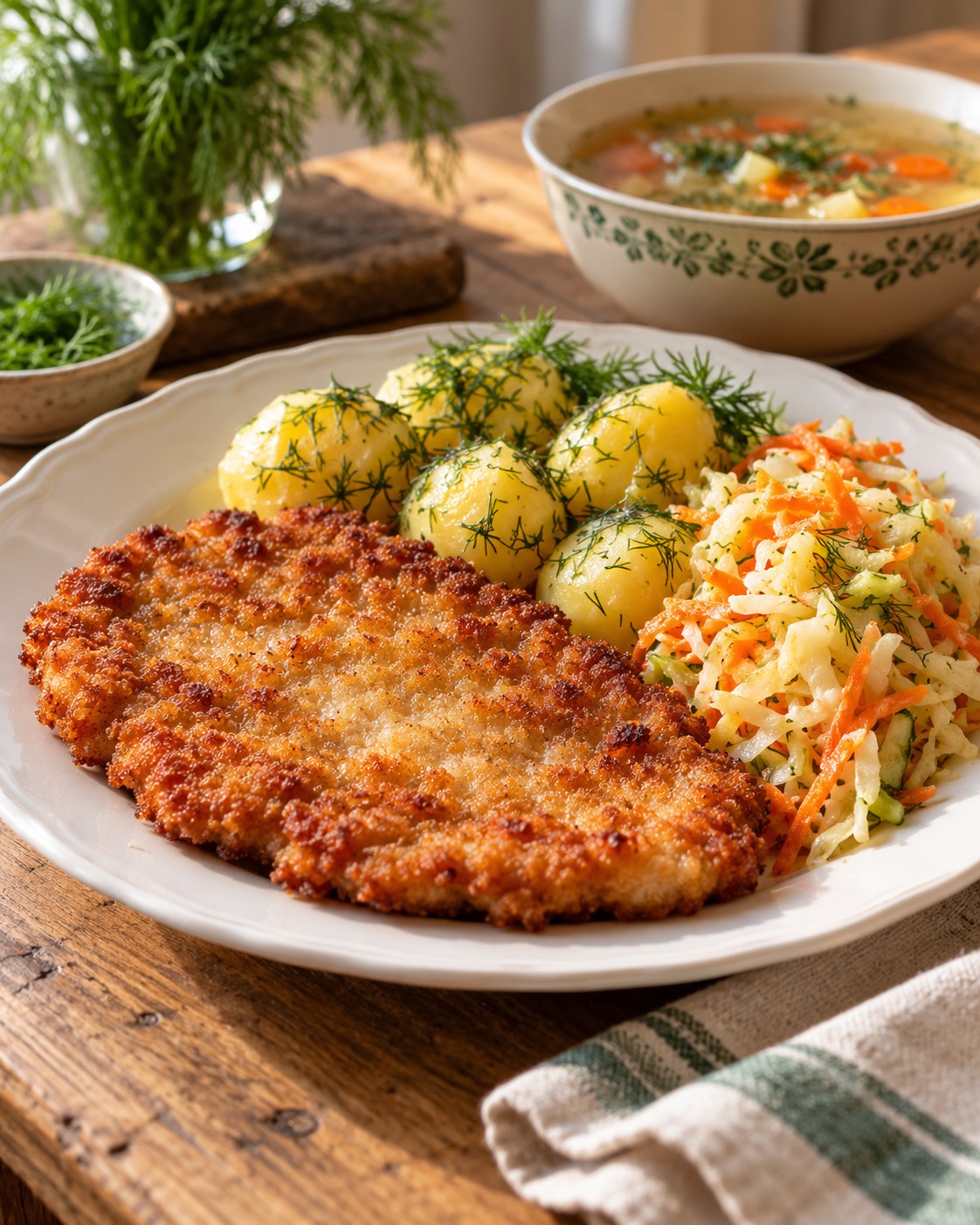 Ilustracja domowego obiadu: kotlet, ziemniaki i surówka